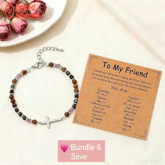 Adjustable Cross Bracelet Stainless Steel Natural Stones 6.5-8 Inch Wrist - Picture 3 of 6